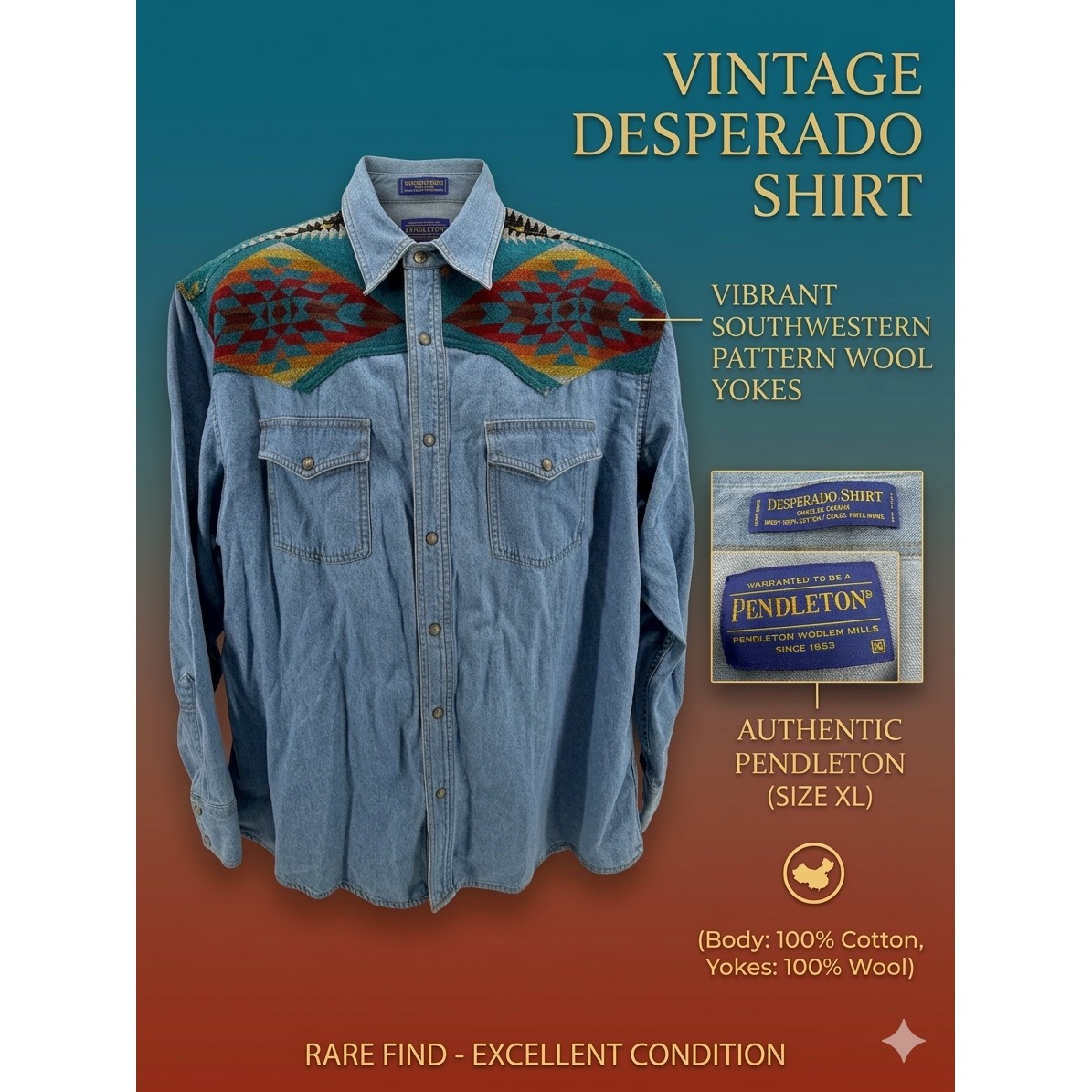 Vtg Pendleton Desperado Denim Western Shirt Xl Wool Yoke Southwestern Aztec Blue